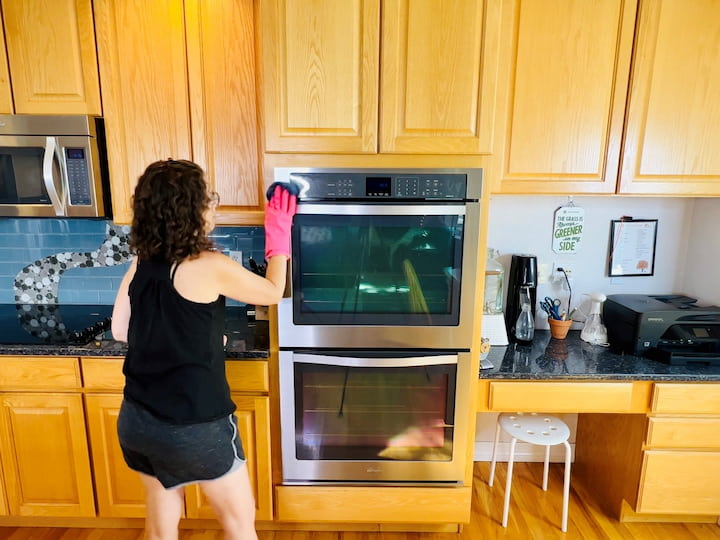 Oven Exterior Cleaning Wipe down the outside of your oven from top to bottom. Pay attention to the keypad, handles, and all external surfaces. Self-Cleaning Oven If you have a self-cleaning oven, run the self-cleaning cycle. Remember to remove the oven racks before starting the cycle. Steam Cleaning for Non-Self-Cleaning Ovens For non-self-cleaning ovens, add a pan of water and turn the oven on for about 30 minutes. The steam will help loosen debris for easier cleaning. Baking Soda and Dish Soap Method Alternatively, make a paste using Dawn dish soap and baking soda. Apply this paste to the interior glass and surfaces of the oven. Allow it to sit for a while to break down grease and grime, then wipe clean.