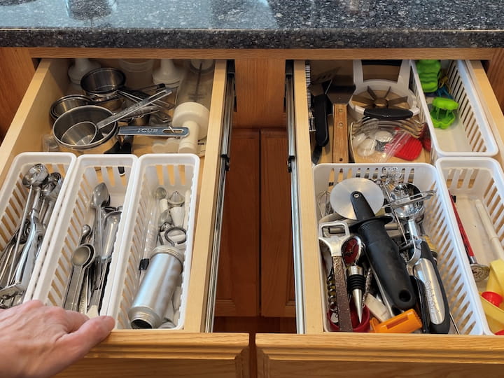 Moving more into our kitchen I have organized our kitchen utensils with storage containers this helps me keep things separate so I know where they're at and they're not a big hot mess.