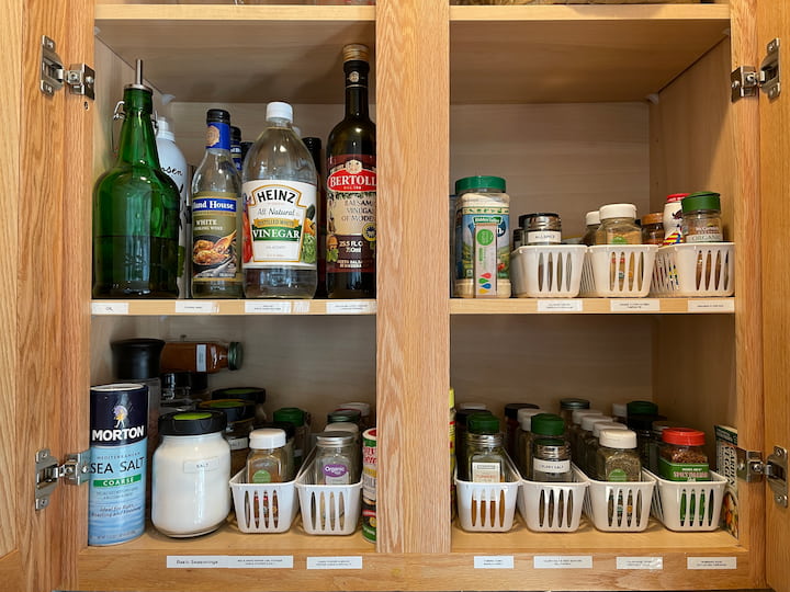 I also use Dollar Store baskets to organize my spices and seasonings.