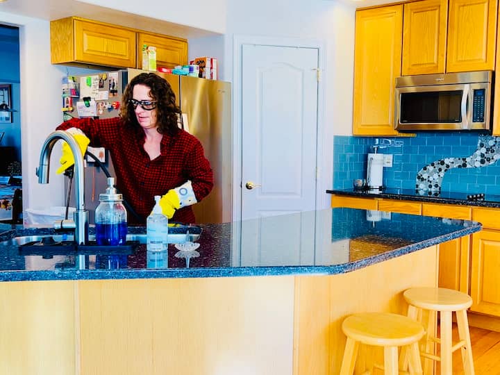 Hit your faucet. Hit your sink. Don't forget about your soap dispensers. Anything that you touch, go ahead and spray that down and clean that up. 