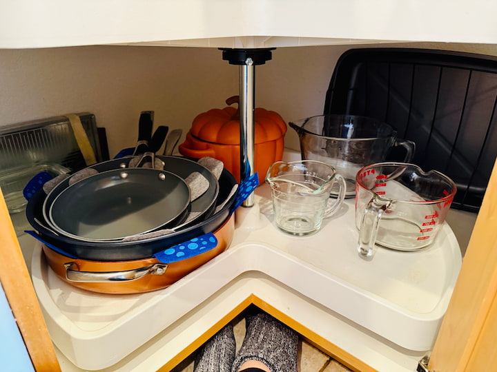 bottom shelf of lazy susan organized