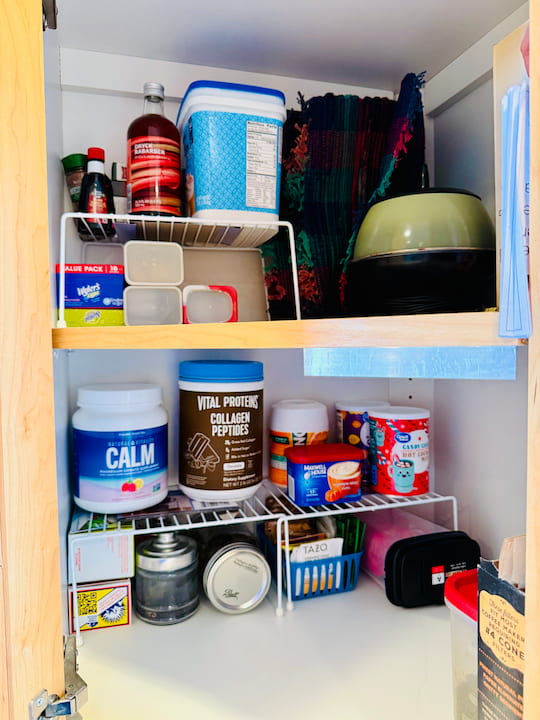 corner cabinet with shelves and pantry items