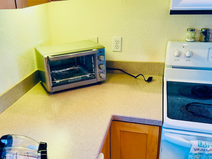 toaster oven in corner